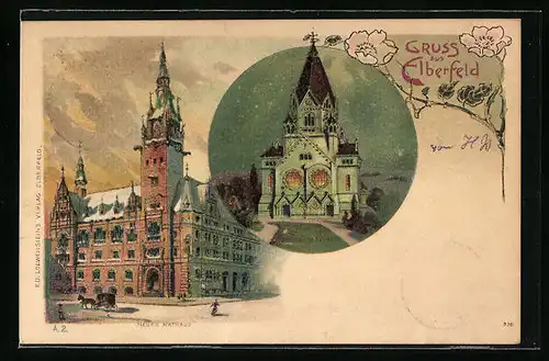 Lithographie Elberfeld, Neues Rathaus, Friedrichskirche