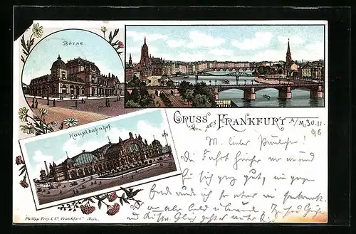 Lithographie Frankfurt a. M., Panorama der Stadt, Börse und Hauptbahnhof