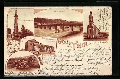 Lithographie Trier, Römische Thermen, Moselbrücke, Mariensäule