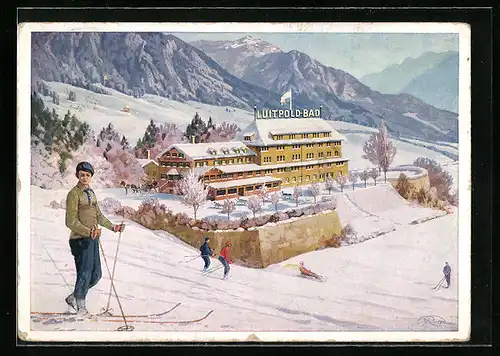Künstler-AK Bad Oberdorf, Skiläufer über dem Hotel Luitpold-Bad