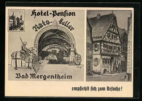 Künstler-AK Bad Mergentheim, Hotel-Pension Ratskeller, Gebäudeansicht, Innenansicht, Ritter und Burgfräulein