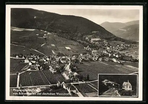 AK Burrweiler /Weinstrasse, Ortsansicht vom Flugzeug aus, Kirche vom Flugzeug aus