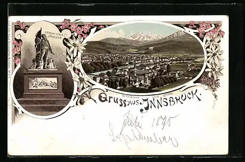 Lithographie Innsbruck, Teilansicht nach Süden, Andreas Hofer-Monument