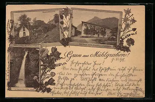 AK Erl-Mühlgraben, Gasthaus Mühlgraben m. d. Kranzhorn, Kranzhorngipfel, Wasserfall