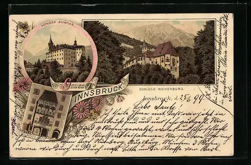 Lithographie Innsbruck, Gasthaus Goldenes Dach, Schloss Weiherbrug, Schloss Ambras