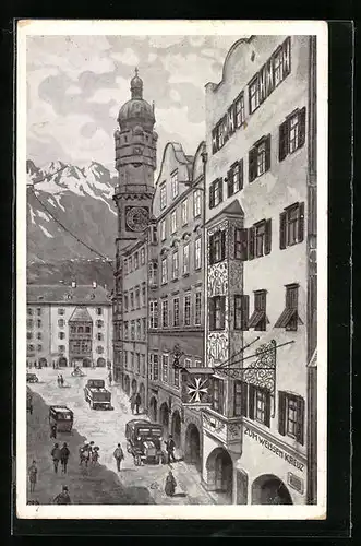 Künstler-AK Innsbruck, Gasthof und Weinhaus Weisses Kreuz, Herzog-Friedrich-Strasse 31