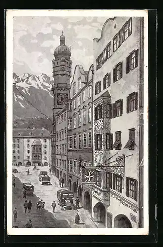 Künstler-AK Innsbruck, Gasthof und Weinhaus Weisses Kreuz, Herzog-Friedrich-Strasse 31