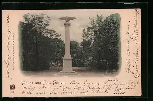AK Bad Elmen, Denkmal mit Adler im Park