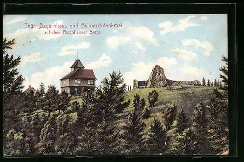 AK Elleben-Riechheim, Thüringisches Bauernhaus und Bismarckdenkmal auf dem Riechheimer Berg