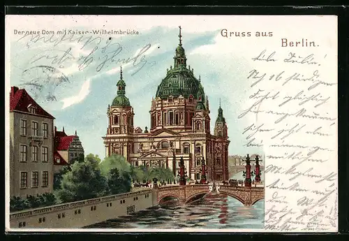 Lithographie Berlin, Berliner Dom mit Kaiser-Wilhelmbrücke