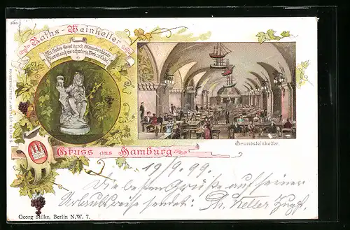 Lithographie Hamburg, Gasthaus Ratskeller, Grundsteinkeller