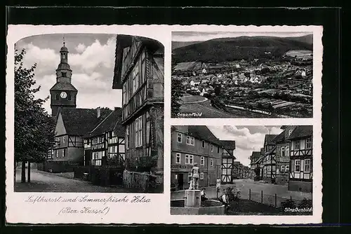 AK Helsa, Gesamtansicht, Strassenbild mit Brunnen, Kirchturm