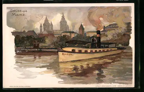 Lithographie Mainz, Teilansicht mit Dampfer Rhein