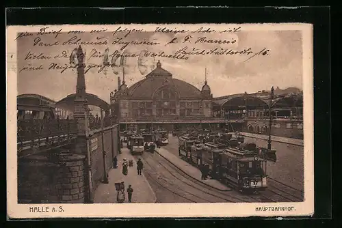 AK Halle /Saale, Hauptbahnhof, Strassenbahnen