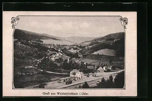AK Waldmichelbach, Ortsansicht mit Bahnhof
