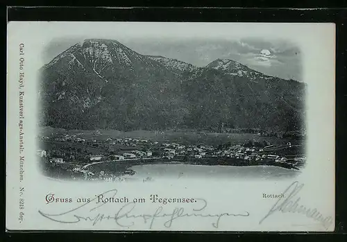 Mondschein-AK Rottach am Tegernsee, Ortsansicht aus der Vogelschau