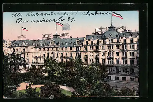 AK Wiesbaden, Hotel Rose mit den Anlagen an der Kochbrunnenquelle