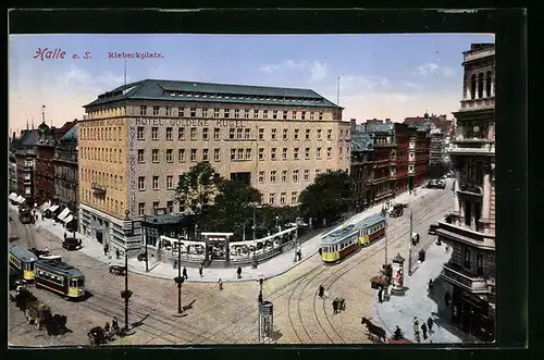 AK Halle a. S., Riebeckplatz mit Strassenbahnen