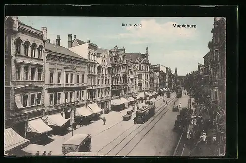 AK Magdeburg, Breite Weg mit Strassenbahnen