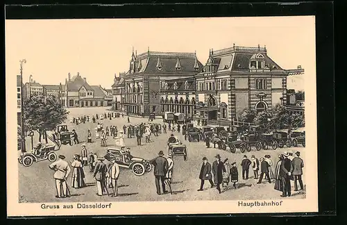 AK Düsseldorf, Hauptbahnhof mit belebtem Vorplatz