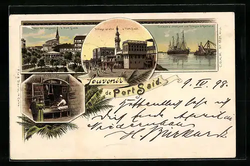 Lithographie Port Said, Place de Lesseps, Village arabe