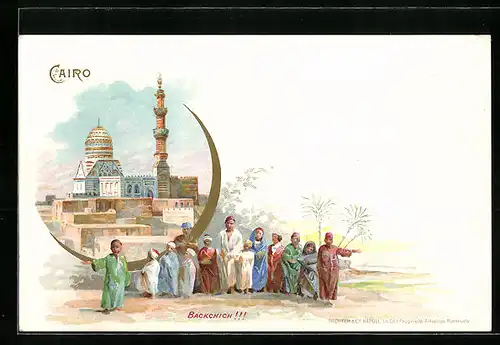 Lithographie Cairo, Moschee, Kinder betteln Backchich