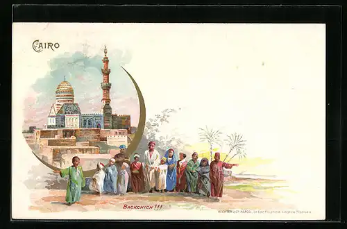 Lithographie Cairo, Moschee, Bettelnde Kinder