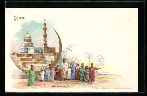 Lithographie Cairo, Teilansicht mit Moschee, Bettelnde Kinder