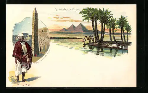 Lithographie Gizeh, Les Pyramides, Obélisque de Luxor