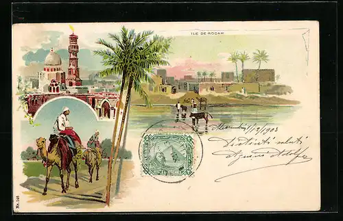 Lithographie Cairo, Ile de Rodah, Kamelreiter