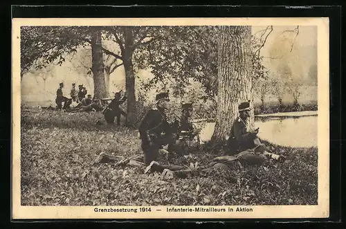 AK Infanterie-Mitrailleurs in Aktion, Schweizer Soldaten in Uniform, Grenzbesetzung 1914