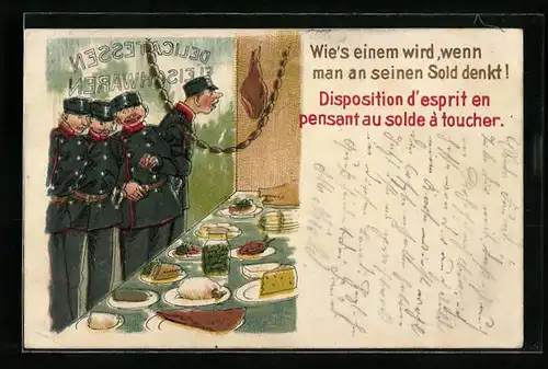 AK Schweizer Soldaten vor dem Schaufenster von einem Delikatessengeschäft