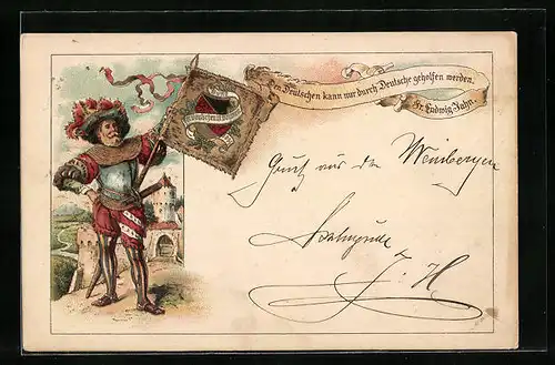 Lithographie Landknecht mit Wappen-Standarte, Spruchband