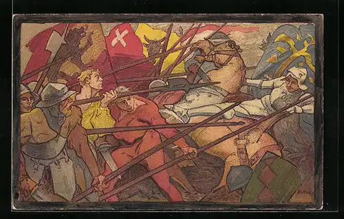 Künstler-AK Schlachtenszene mit Pferd, Schweizer Bundesfeier 1911, Ganzsache