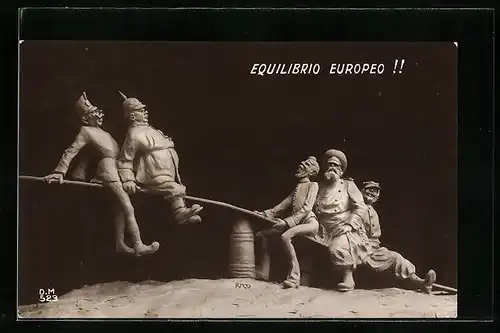 Künstler-AK Equilibrio Eoropeo!, Soldatenfiguren verschiedener Nationen auf einer Wippe
