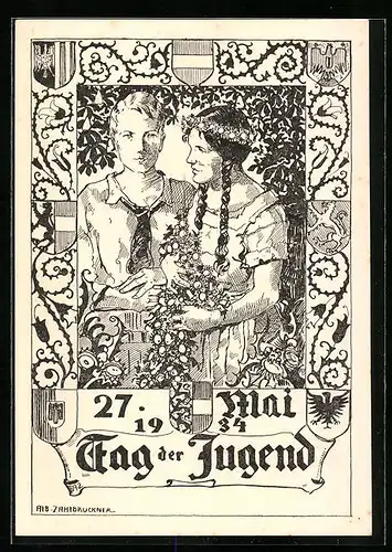 Künstler-AK Tag der Jugend 27. Mai 1934, Bub und Maid in Tracht