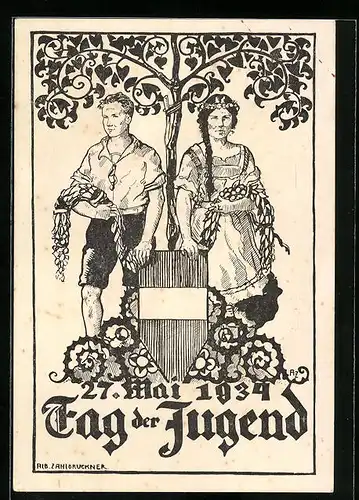 Künstler-AK Tag der Jugend 27. Mai 1934, Maid und Bub in Tracht