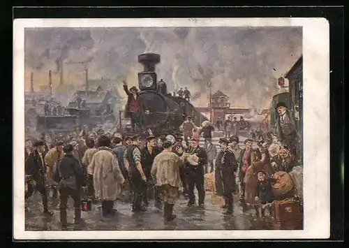 Künstler-AK Russische Revolution 1905, Am Bahnhof