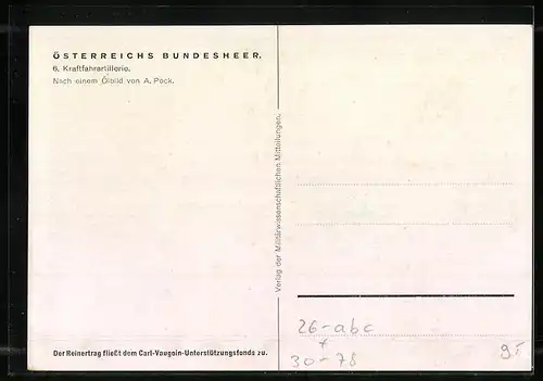 Künstler-AK sign. Alexander Pock: Österreichisches Bundesheer, 6. Kraftfahrtartillerie