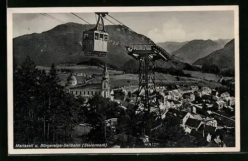 AK Mariazell, Ortsansicht mit Bürgeralpe-Seilbahn