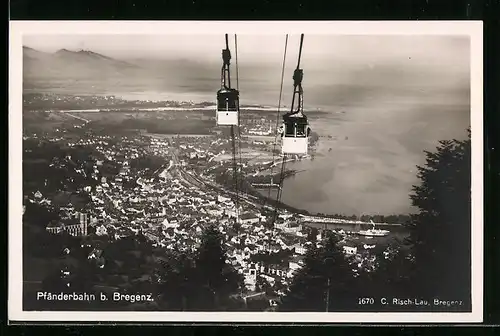 AK Bregenz, Pfänderbahn mit Sicht auf die Stadt