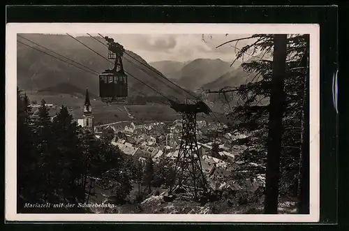 AK Mariazell, Ortsansicht mit Bergbahn