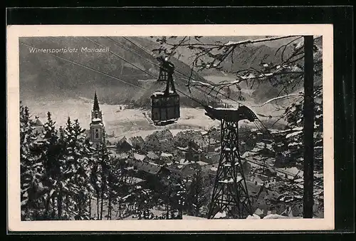 AK Mariazell, Ortsansicht mit Seilbahn im Winter