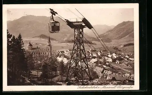 AK Mariazell, Ortsansicht mit Bürgeralpe-Seilschwebebahn aus der Vogelschau