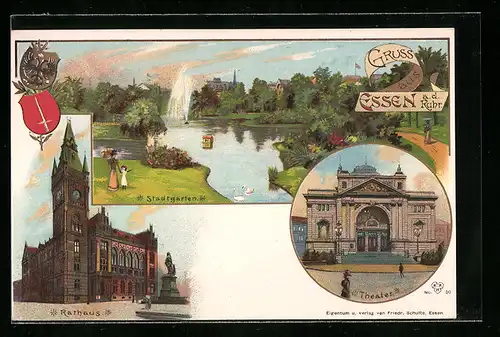 Lithographie Essen, Stadtgarten, Rathaus und Theater