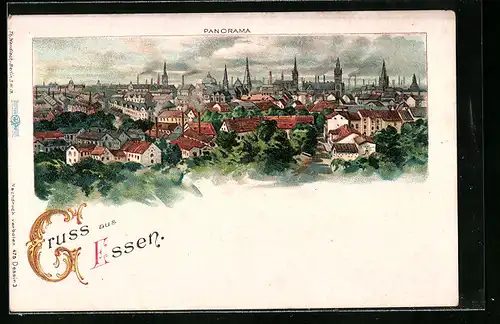 Lithographie Essen, Panoramaansicht der Stadt
