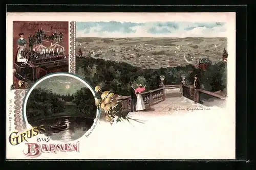 Lithographie Barmen, Partie in den Anlagen, Blick vom Ringeldenkmal