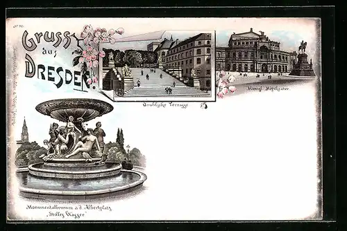 Lithographie Dresden, Brühlsche Terrasse, Königl. Hoftheater und Monumentalbrunnen am Albertplatz