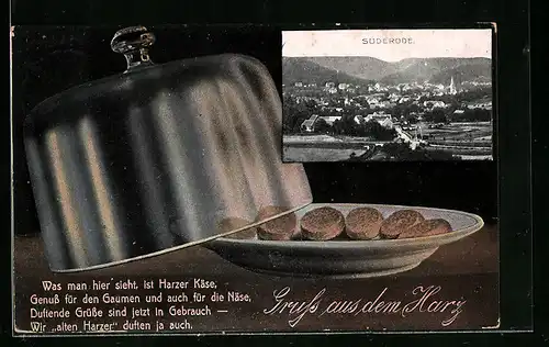 AK Suderode, Ortsansicht und Harzer Käse unter der Käseglocke