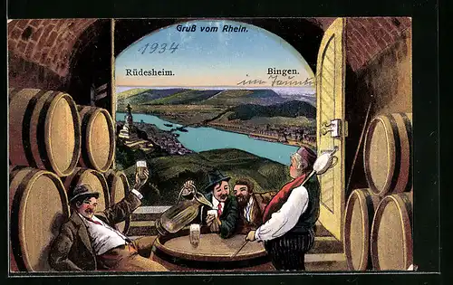 AK Rüdesheim, Gruss vom Rhein und Bingen, betrunkene Männer vor Bierfässern